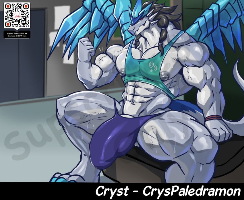 anthro areola bandai_namco big_bulge biped bulge countershade_arms countershade_face countershade_neck countershade_tail countershade_torso countershading cryspaledramon digimon digimon_(species) hi_res huge_bulge male masterelrest muscular muscular_anthro muscular_male nipples pecs qr_code scalie tail vein veiny_muscles