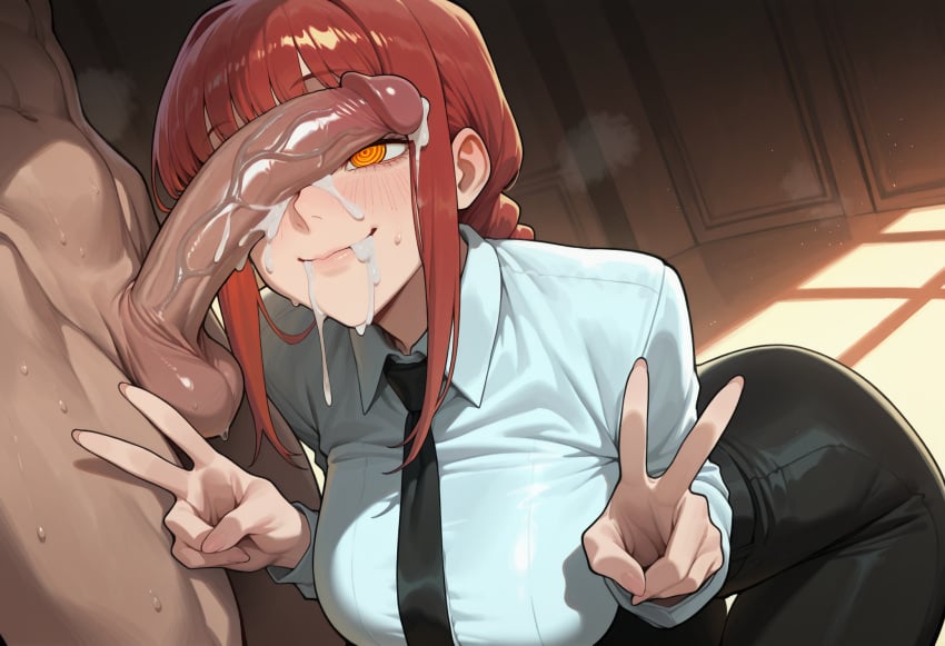 1boy 1girl after_fellatio ai_generated bangs black_necktie black_pants blush braid breasts chainsaw_man clothed_female_nude_male collared_shirt cum cum_in_mouth dark-skinned_male dark_skin double_v erection facial hetero iduniar large_breasts long_sleeves makima_(chainsaw_man) necktie nude orange_eyes pants penis penis_on_face red_hair ringed_eyes shirt smile solo_focus sweat testicles uncensored v veins white_shirt yellow_eyes