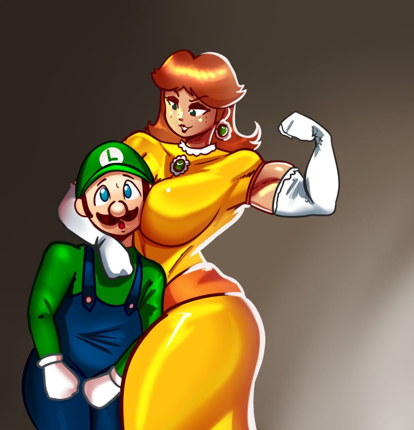 1boy 1girls breasts clothed_female clothed_male dress female fit fit_female flexing grin head_between_breasts hugging larger_female larger_female_smaller_male luigi male male/female mario_(series) muscular muscular_female nintendo princess_daisy schnauzercito size_difference smile super_mario_bros. taller_girl