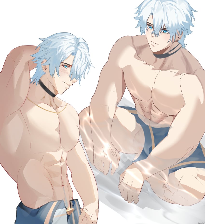 barely_visible_penis blue_eyes honkai:_star_rail in_water kaon7lv loincloth loincloth_aside male_only muscular_male penis_out phainon_(honkai:_star_rail) smiling_at_viewer white_hair