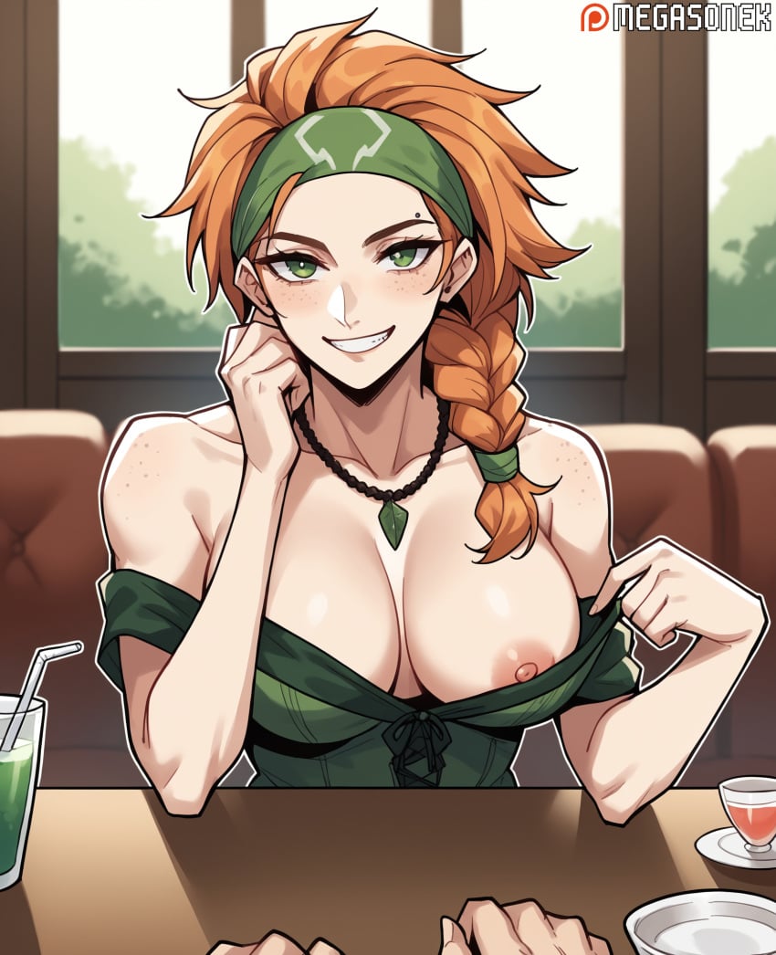 1boy ai_generated bare_shoulders blush braid breasts cleavage clothes_pull collarbone cup dress drinking_glass female flashing freckles green_eyes grin hairband headband indoors jewelry large_breasts long_hair looking_at_viewer megasonek necklace nipples no_bra off_shoulder orange_hair patreon_username pov pov_across_table riot_games single_braid sitting skye_(valorant) smile solo_focus table teasing upper_body valorant watermark window