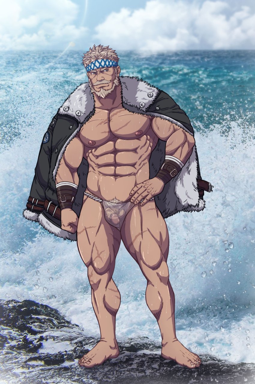 1boy abs balls bandana bara barefoot beard beefy biceps big_areola big_breasts big_bulge blonde_hair blue_eyes bulge bulge_through_clothing clenched_hand cloud collarbone covered_mouth curved_penis feet fingernails flaccid frown full_body fundoshi fur fur_coat goatee granblue_fantasy hand_on_waist headwear hi_res hunk jacket jacket_on_shoulders looking_away male male_breasts male_only manly mature_male moustache muscles muscular muscular_arms muscular_legs muscular_male muscular_thighs navel old_man on_shoulders oppai outdoors pecs pose pubic_hair quadriceps realistic_background realistic_textures rock rokushaku_fundoshi ryans scar scar_on_arm scar_on_chest scar_on_leg scars_all_over sea seaside see-through short_hair sideburns six_pack solo soriz splashing standing straps sunlight taped_wrists thick_arms thick_thighs toes topless tough_guy translucent_clothing uncensored v-shaped_eyebrows veiny_arms veiny_penis water water_drop wave wet wet_body wet_fundoshi white_fundoshi wrinkles wristband