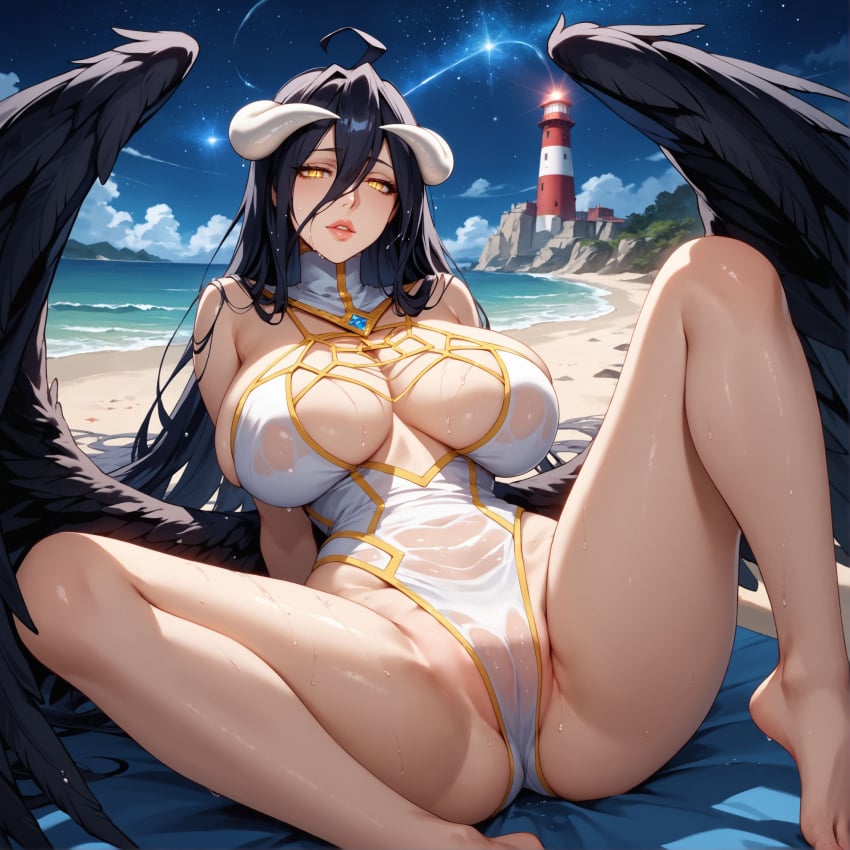 1girls ahoge ai_generated albedo_(overlord) alex-schura angel angel_wings areolae bangs bare_legs bare_shoulders barefoot beach black_hair black_wings blue_sky blush breasts breasts_apart cameltoe clavicle cleavage closed_mouth clothing cloud cloudy_sky covered_erect_nipples covered_navel curvaceous curvaceous_female curvaceous_figure curvy curvy_figure day demon_girl demon_horns detached_collar erect_nipples erect_nipples_under_clothes eyebrows_visible_through_hair feathered_wings feathers feet female female female_focus female_only hair_between_eyes horns huge_breasts inviting inviting_to_sex jewelry large_breasts legs leotard light-skinned_female lighthouse lips long_hair looking_at_viewer low_wings lying mature_female navel night night_sky nipples ocean outdoors overlord_(maruyama) parted_lips partially_visible_vulva presenting presenting_ass presenting_breasts presenting_hindquarters presenting_pussy presenting_self sand seductive seductive_look seductive_smile see-through shiny shiny_skin shooting_star sitting sky slit_pupils smile soles solo spread_legs star_(sky) sweat swimsuit thick_thighs thighs toes very_long_hair voluptuous voluptuous_female water wet white_swimsuit wings yellow_eyes