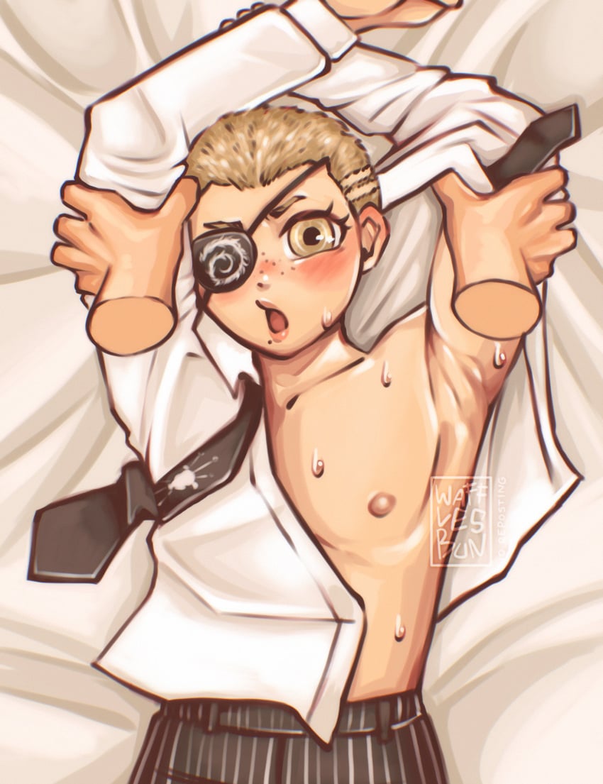 anime armpit_fetish armpits arms_above_head arms_up blush blushing_at_viewer clothing_removal danganronpa danganronpa_2:_goodbye_despair detailed_armpit eyepatch flustered_male freckles fuckable furrowed_brow fuyuhiko_kuzuryuu gay hinata_hajime looking_at_viewer lying_on_back lying_on_bed nipples shirtless_male suggestive suggestive_pose sweatdrop sweating tie_undone twink video_game_character viewer_pov wafflesbun