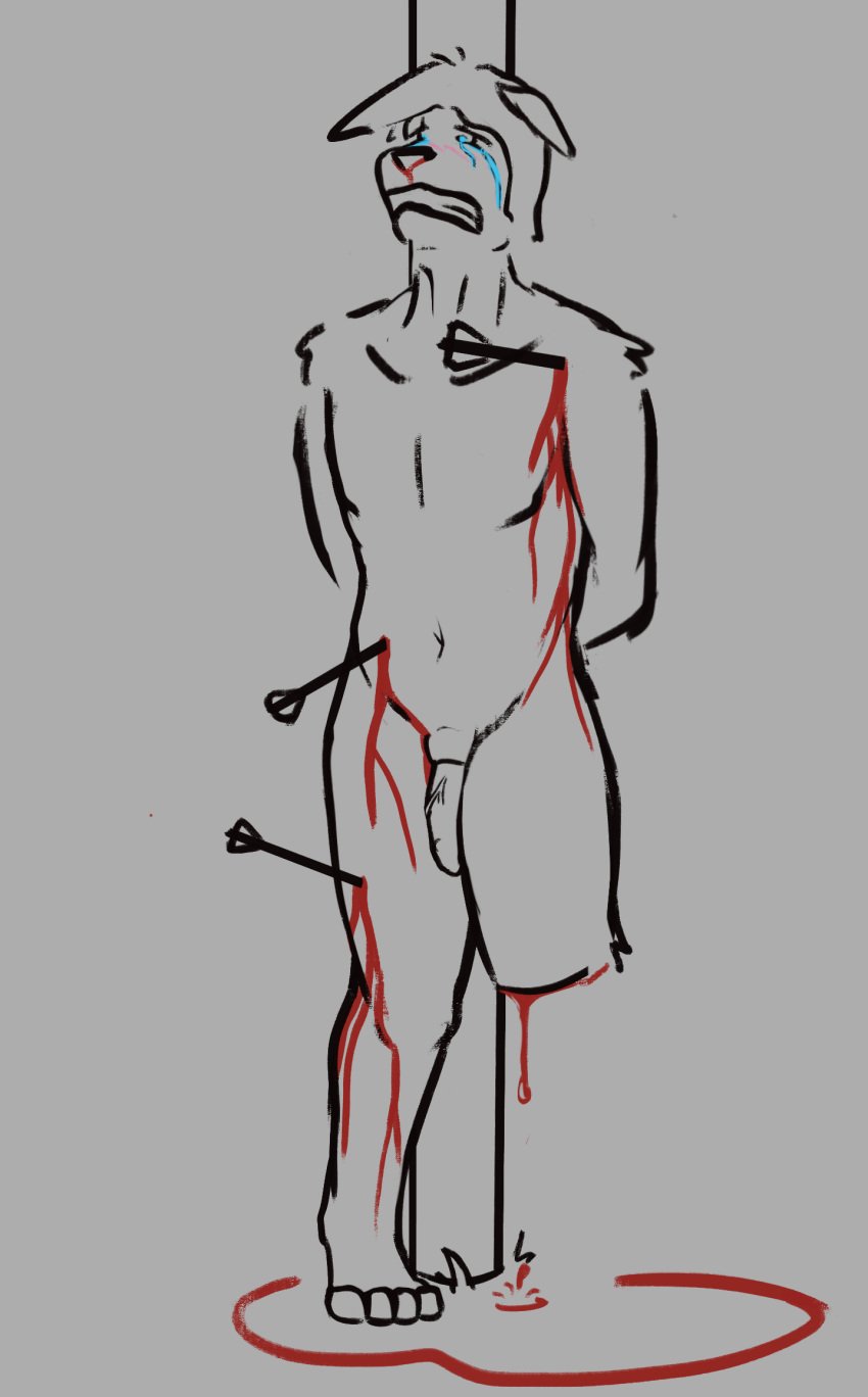 4_toes amputee anthro arrow_(weapon) asphalt_(artist) blood bodily_fluids bound canid canine canis disability dismemberment domestic_dog feet gore hi_res isaac_(asphalt) male mammal masochism nosebleed nude ranged_weapon solo standing tears tied_to_pole toes weapon wounded