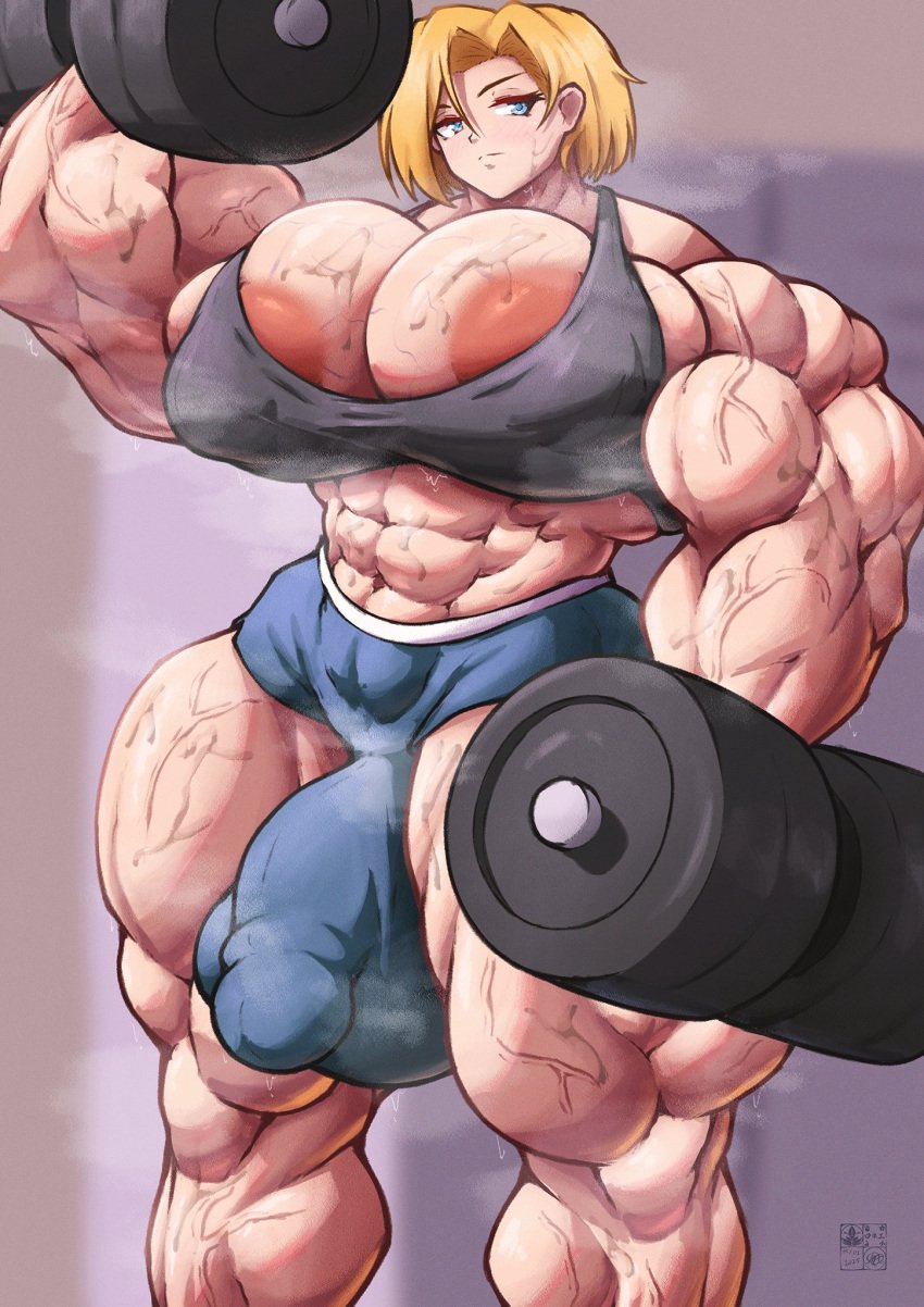 abs alternate_breast_size android_18 bulge dragon_ball futanari hyper_breasts hyper_muscles muscular_futanari roneesan weightlifting