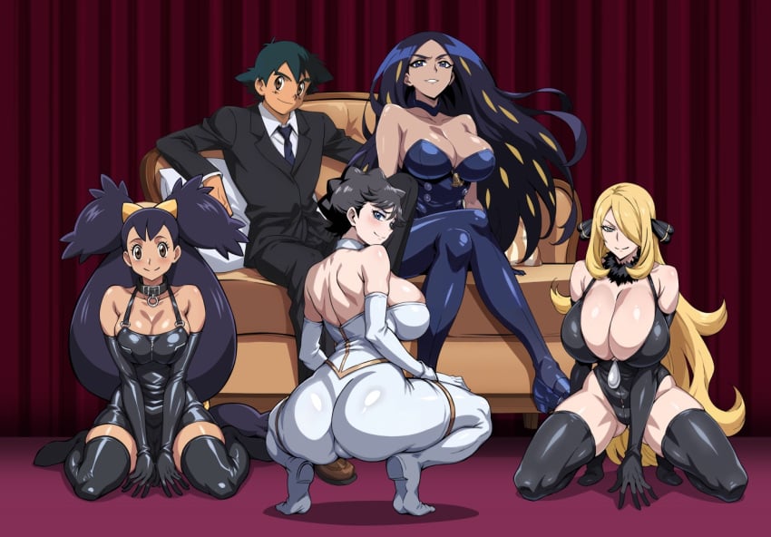 1boy 4girls ass bare_shoulders black_hair blonde_hair blue_eyes blue_hair bondage bondage bondage_outfit boots bound breasts brown_hair cleavage collarbone couch creatures_(company) crossed_legs curtains cynthia_(pokemon) dark-skinned_female dark_skin diantha_(pokemon) double_bun formal_clothes game_freak geeta_(pokemon) gloves grey_eyes hair_bun hair_over_one_eye harem high_heel_boots high_heels iris_(pokemon) large_breasts latex latex_gloves latex_legwear long_hair looking_at_viewer looking_back multicolored_hair multiple_girls necktie nintendo open_mouth pokemon purple_hair satoshi_(pokemon) short_hair sitting smile squatting suit yxyyxy