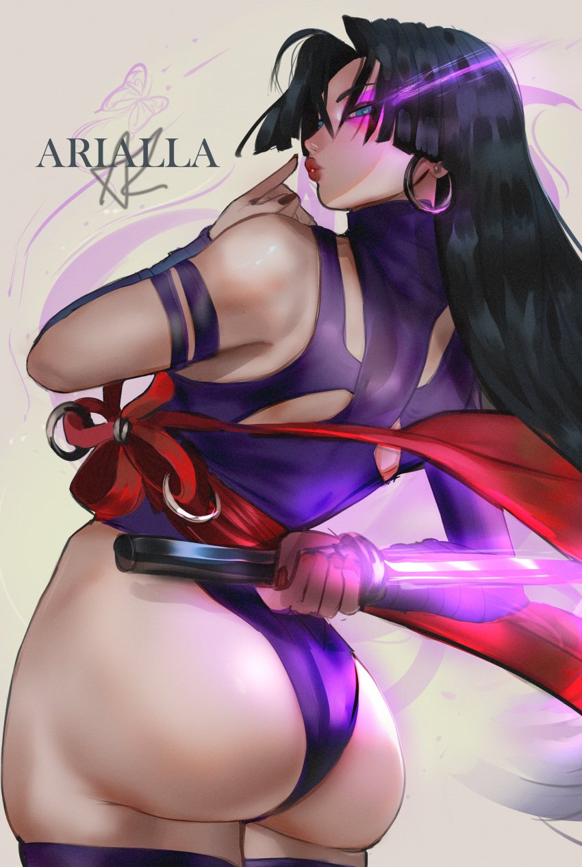 absurdres arialla_draws arm_behind_back arm_strap ass ass_focus asymmetrical_clothes black_hair blunt_bangs clothing_cutout earrings female female_only from_behind hand_up highres holding holding_sword holding_weapon hoop_earrings jewelry katana leotard long_hair looking_at_viewer looking_back marvel marvel_rivals parted_bangs psylocke psylocke_(marvel_rivals) puckered_lips sai_(marvel) signature simple_background single_sleeve sword thighhighs vengeance_psylocke weapon