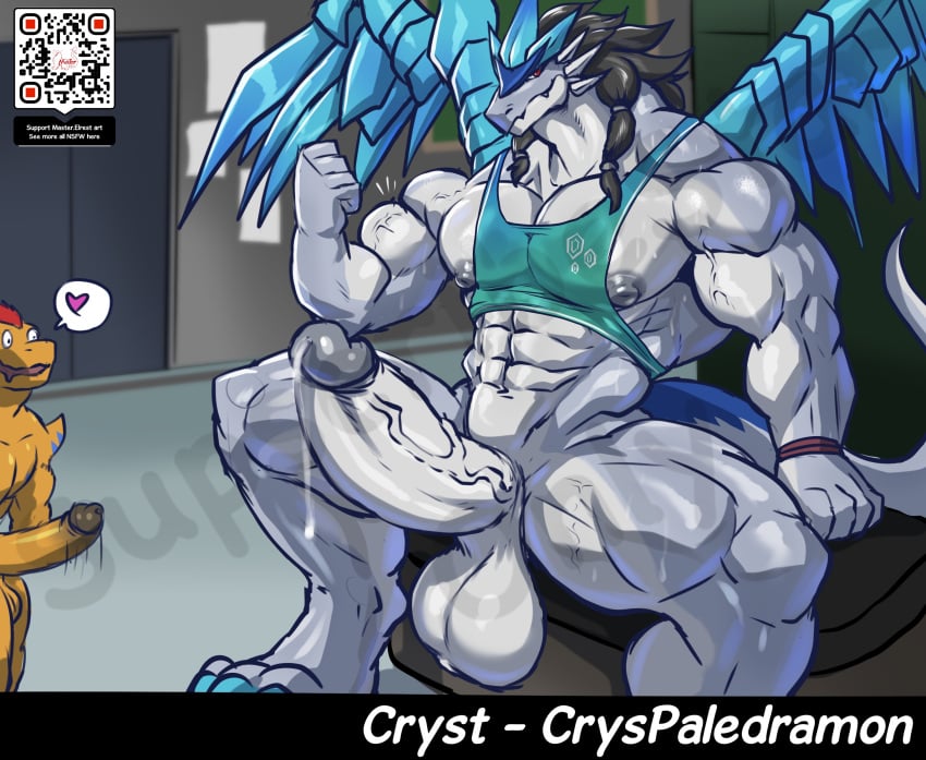 anthro areola ball_size_difference balls bandai_namco big_balls big_penis biped bodily_fluids countershade_arms countershade_face countershade_neck countershade_tail countershade_torso countershading cryspaledramon digimon digimon_(species) duo erection genital_fluids genitals glans hi_res huge_balls huge_cock humanoid_genitalia humanoid_penis male male/male masterelrest muscular muscular_anthro muscular_male nipples pecs penis penis_size_difference precum qr_code scalie tail vein veiny_muscles