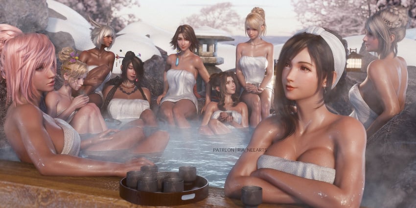 aerith_gainsborough big_breasts black_hair blonde_hair brown_hair claire_farron dark-skinned_female dark_skin eclair_farron final_fantasy final_fantasy_vi final_fantasy_vii final_fantasy_vii_remake final_fantasy_x final_fantasy_xiii final_fantasy_xiv final_fantasy_xv final_fantasy_xvi girls girls_only hot_spring jill_warrick long_hair looking_at_viewer lulu_(final_fantasy) lunafreya_nox_fleuret multiple_girls pink_hair ria-neearts short_hair silver_hair smiling_at_viewer tagme teenager terra_branford thick_thighs tifa_lockhart towel towel_only warrior_of_light_(ff14) y'shtola y'shtola_rhul yuna