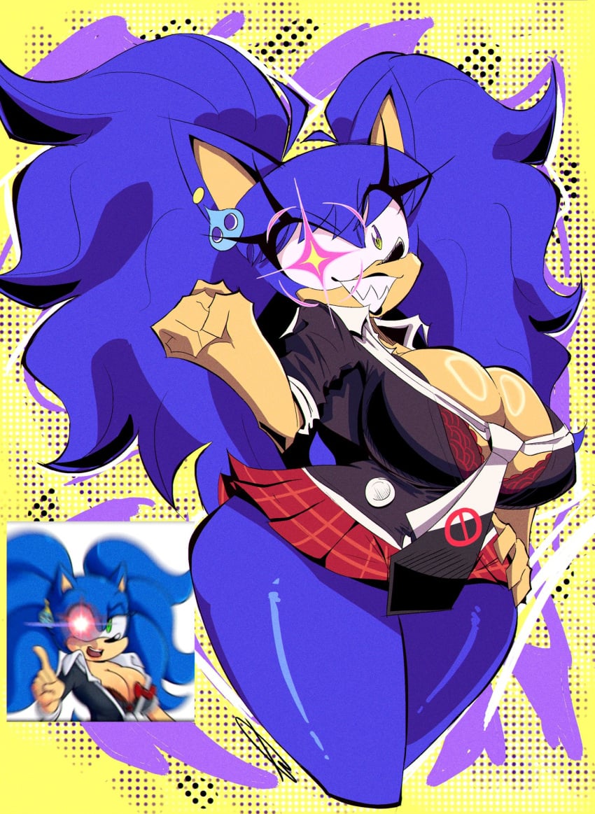 1girls big_ass big_breasts blue_hair breasts corbyschmorby danganronpa danganronpa:_trigger_happy_havoc ear green_eyes junko_enoshima junko_enoshima_(cosplay) sharp_teeth skirt sonic_(series) sonic_the_hedgehog sonic_the_hedgehog_(series) twintails