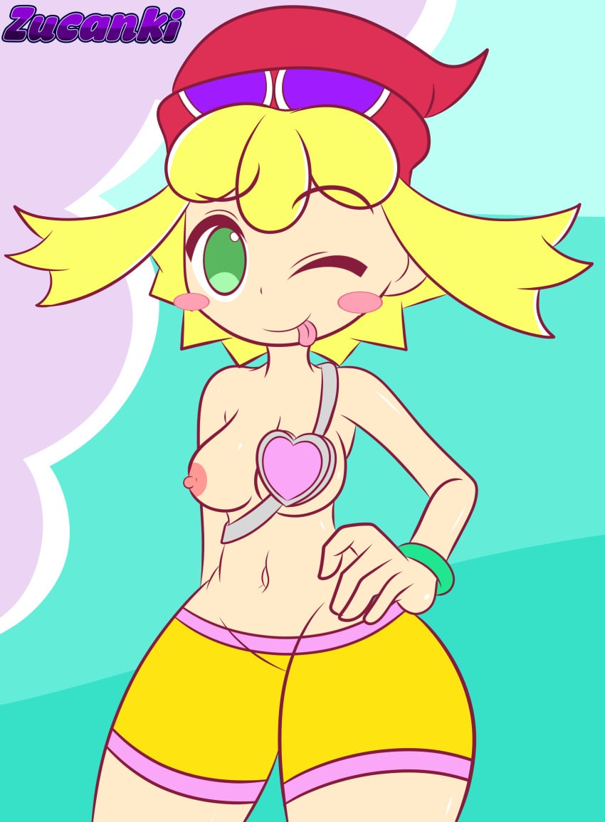 1girls amitie areolae beanie blonde_hair bracelet breast_armor breasts eyebrows_visible_through_hair green_eyes hat living_hat medium_breasts navel nipples one_breast_out pants puyo_puyo sega shiny_skin shirtless shirtless_female shorts smile sonic_team thick_thighs tongue tongue_out topless wide_hips wink zucanki