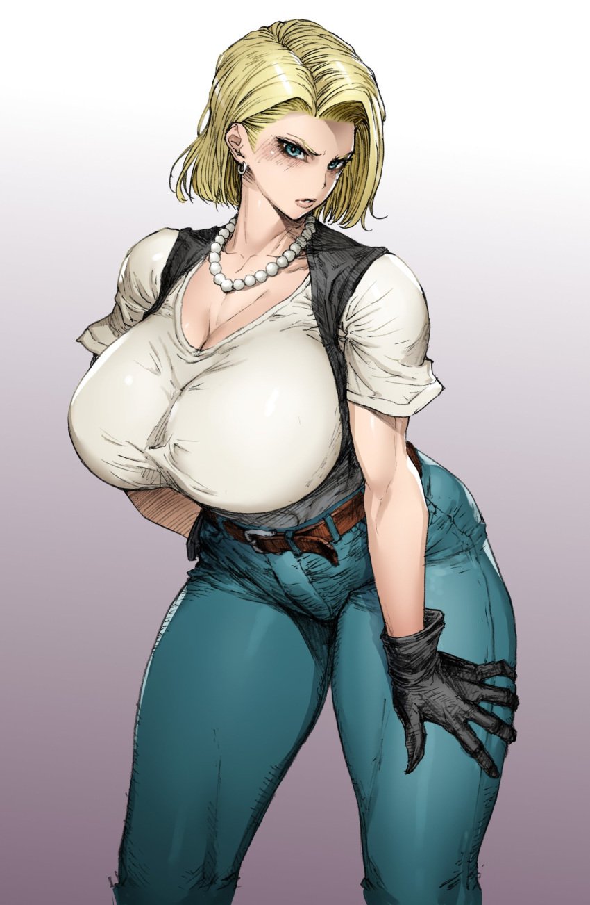 android_18 big_ass big_breasts blonde_hair bonten child_bearing_hips cleavage dragon_ball mature_female milf solo thick_thighs wide_hips