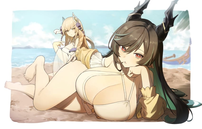 2girls barefoot beach bikini blonde_hair blue_sky blurry blurry_background breasts brown_hair cloud cloudy_sky colored_inner_hair day eyelashes feet flower full_body granblue_fantasy green_hair hair_between_eyes hair_flower hair_ornament hand_on_own_thigh head_rest horns huge_breasts indala_(granblue_fantasy) large_breasts legs long_hair looking_at_viewer mole mole_under_mouth multicolored_hair multiple_girls off_shoulder on_ground open_mouth outdoors payila_(granblue_fantasy) purple_flower red_eyes sky swimsuit toenails toes umeda_shiso very_long_hair white_bikini wide_sleeves yellow_eyes