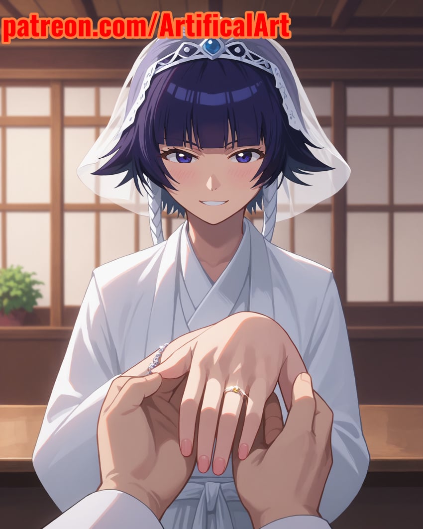 1girls ai_generated artifical_art black_hair bleach bleach:_the_thousand-year_blood_war blue_eyes bride incest incest_marriage married married_couple married_man married_woman ring slender_body smile soifon wedding wedding_dress wedding_ring wedding_veil