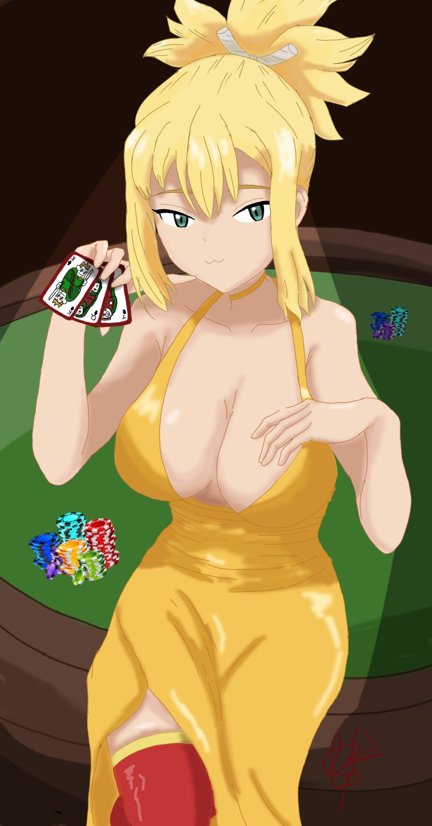 1girls alternate_costume blonde_hair card dr.stone dress kohaku_(dr.stone) official_alternate_costume playing_card poker_chip tagme yellow_dress