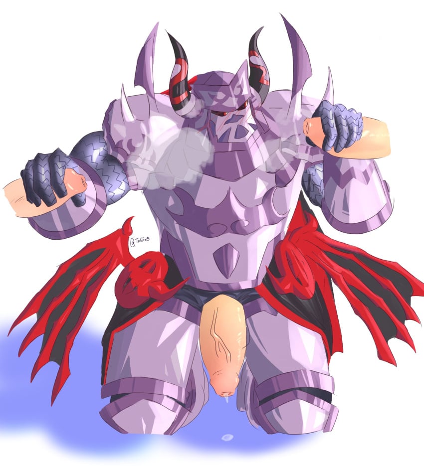 armor balls bara berserker_(dragalia_lost) big_penis boner dragalia_lost erection gay handjob male male_only muscles muscular on_knees penis penis_out tugfx8