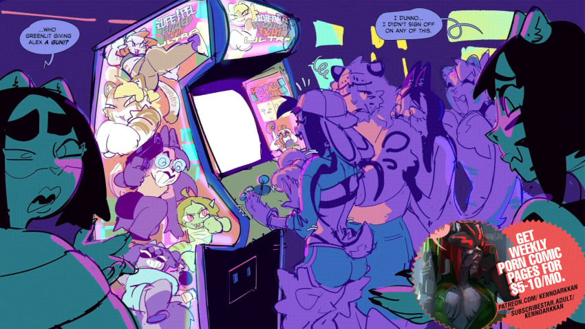 16:9 2025 advertisement alex_(my_life_with_fel) animal_humanoid arcade arcade_machine bonnie_(my_life_with_fel) clothed clothing dialogue digital_media_(artwork) equid equine fel_(my_life_with_fel) felid female green_(my_life_with_fel) hare hi_res horse humanoid kenno_(kennoarkkan) kenno_arkkan lagomorph leporid male mammal mary_(my_life_with_fel) mugger_(my_life_with_fel) my_life_with_fel pantherine pawsy_(my_life_with_fel) procyonid raccoon reptile scalie snake snow_leopard speech_bubble tiger widescreen