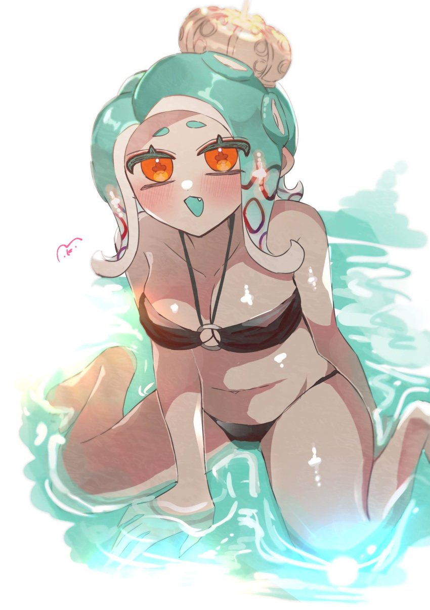 1girls bikini black_bikini black_bikini_bottom black_bikini_top black_swimsuit blush breasts cleavage crown female looking_at_viewer navel nintendo octoling octoling_girl open_mouth orange_eyes short_hair smchan_hll solo solo_female solo_focus splatoon splatoon_3 swimsuit tentacle_hair water