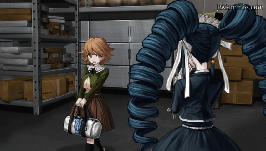 2girls ai_edit ai_generated carrying_bag celestia_ludenberg cleavage danganronpa danganronpa_(series) danganronpa_1 edit edited_image edited_official_artwork edited_screencap female female_focus female_only fujisaki_chihiro fully_clothed genderbent genderswap_(mtf) huge_breasts jscammie long_hair long_hair_female rule_63 screencap screenshot screenshot_edit short_hair short_hair_female skirt tagme twin_drills unbuttoned_shirt underboob watermark