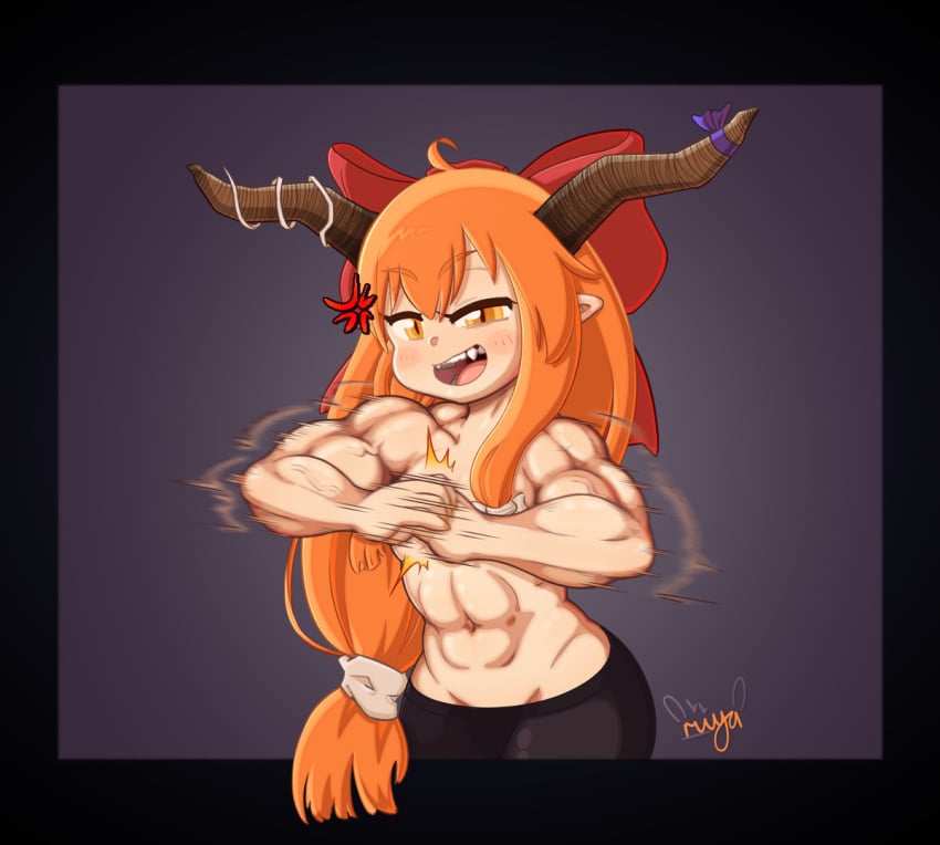 1girls abs anger_vein angry black_shorts fangs female horns muscles muscular muscular_female oni orange_eyes orange_hair red_bow shorts small_breasts solo solo_female suika_ibuki touhou