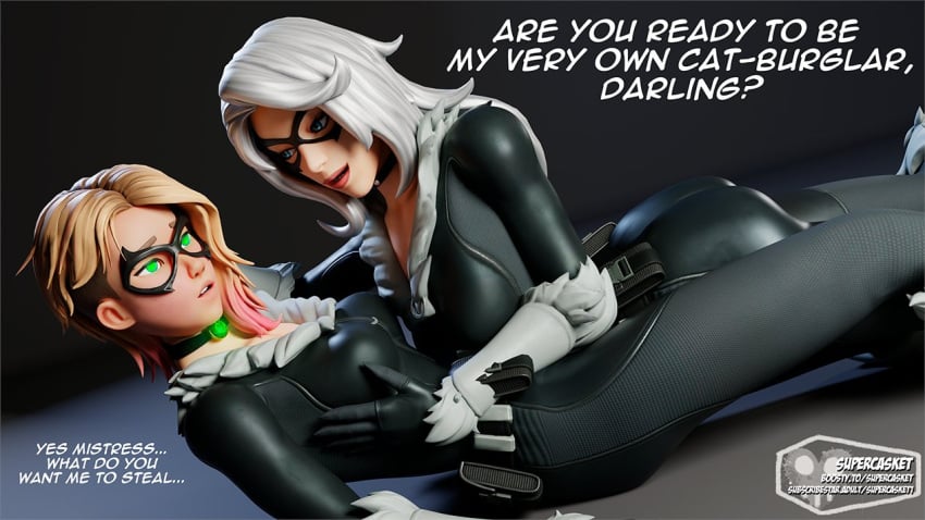 2girls 3d age_difference black_cat_(fortnite) black_cat_(marvel) blonde_hair dialogue english_text felicia_hardy female female_only fortnite glowing_eyes gwen_stacy gwen_stacy_(spider-verse) hypnosis marvel marvel_comics mind_control multiple_girls spider-gwen spider-gwen_(fortnite) spider-man:_into_the_spider-verse spider-man_(series) supercasket text white_hair yuri