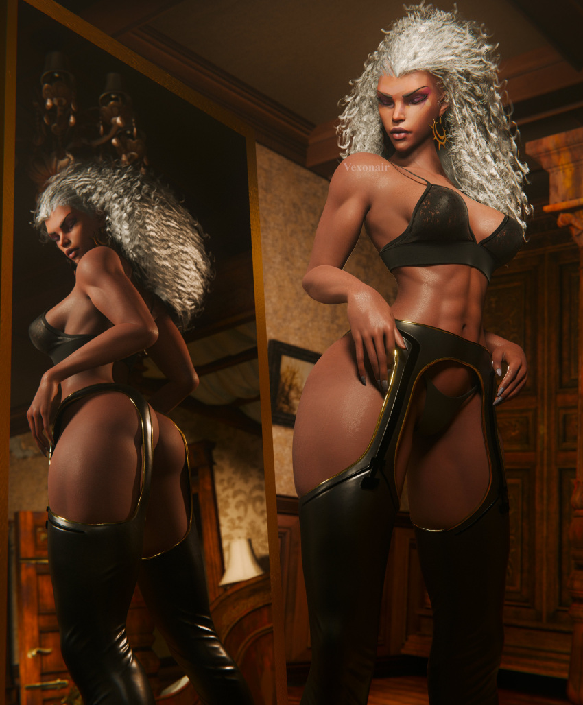 1girls 3d african african_female ass big_ass black_female dark-skinned_female dark_skin female garter_belt garter_straps lingerie marvel marvel_comics marvel_rivals mirror ororo_munroe ororo_spoilers solo storm_(marvel_rivals) storm_(x-men) vexonair white_hair x-men