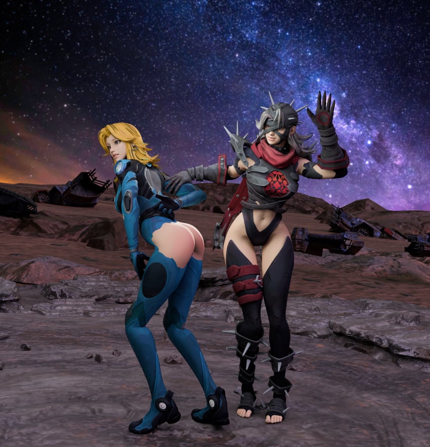 2girls 3d armor ass ass_focus bare_ass blender blonde_hair discipline dominant_female female femdom grey_hair invisible_woman_(marvel_rivals) kinkblink malice_(marvel_rivals) marvel_comics marvel_rivals naughty pants_down punishment slapping_butt space spacesuit spank_marks spanked_butt spanking submissive sue_storm torn_clothes video_games yuri