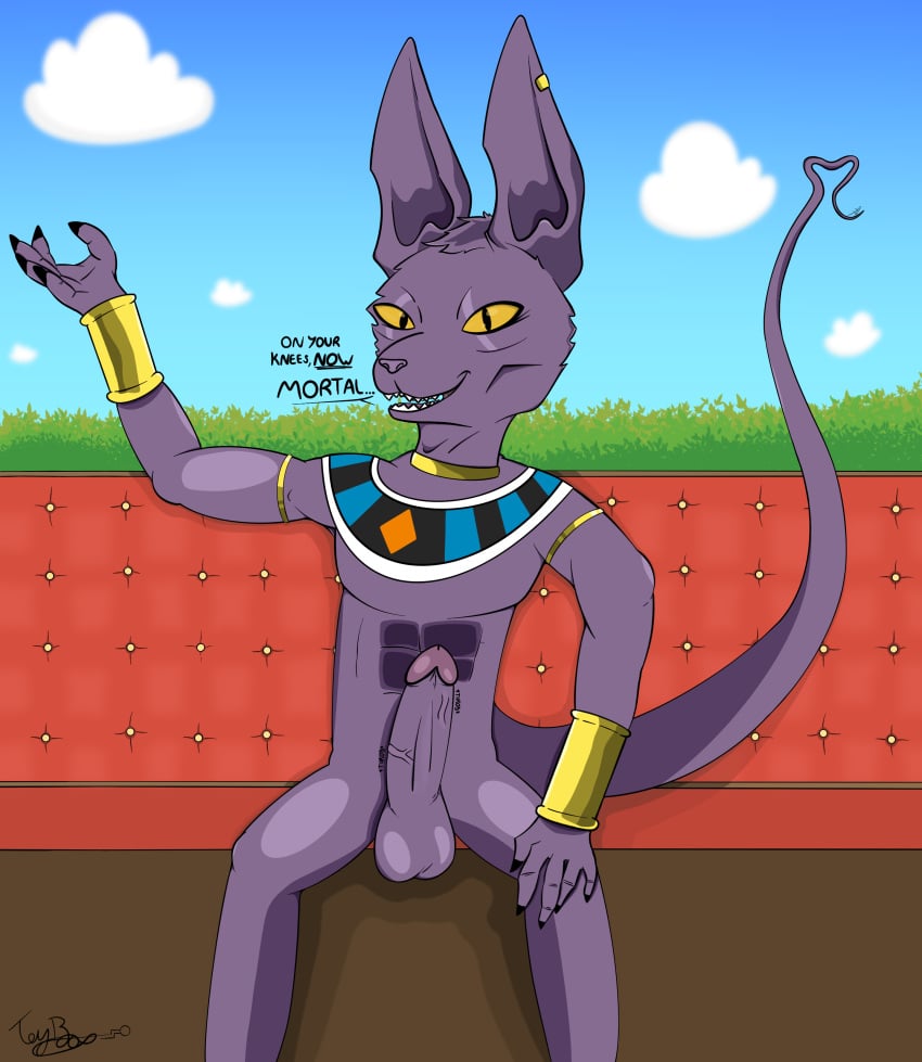 absurd_res anthro beerus big_penis dialogue domestic_cat dragon_ball dragon_ball_super felid feline felis furiousfox genitals hi_res jewelry looking_at_viewer male male_focus male_only mammal onomatopoeia outside penis public public_nudity sitting solo solo_male sound_effects text