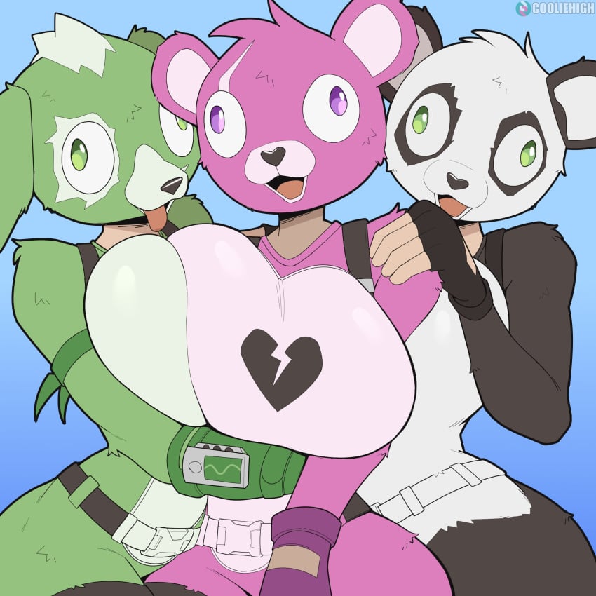 3girls anthro bear breasts breasts_squeeze canine cleavage clothed clothing clover_team_leader cooliehigh cuddle_team_leader epic_games fortnite fortnite:_battle_royale green_fur green_hair heart huge_breasts multiple_girls panda_team_leader pink_eyes pink_fur