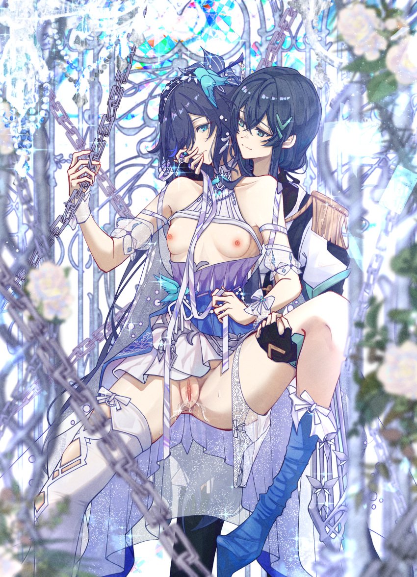 2girls absurdres bare_shoulders bird_hair_ornament black_gloves black_jacket black_shorts black_thighhighs blue_dress blue_eyes blue_footwear cheng_lixue chinese_commentary clothing_cutout commentary dress epaulettes fingerless_gloves fu_hua fu_hua_(azure_empyrea) fu_hua_(cerulean_court) gloves grey_hair hair_ornament hair_over_one_eye halter_dress halterneck hand_on_another's_face highres honkai_(series) honkai_impact_3rd jacket leg_lift long_hair low_ponytail mimkmo multiple_girls ponytail pussy pussy_juice shorts side_cutout thighhighs very_long_hair white_dress yuri