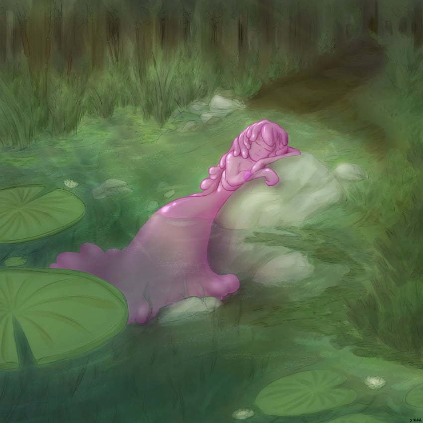 1girls female forest goo_creature grass lily_pad naked naked_female nature outdoors path pink_skin pond sleeping slime slime_girl sneggl translucent translucent_body translucent_hair water