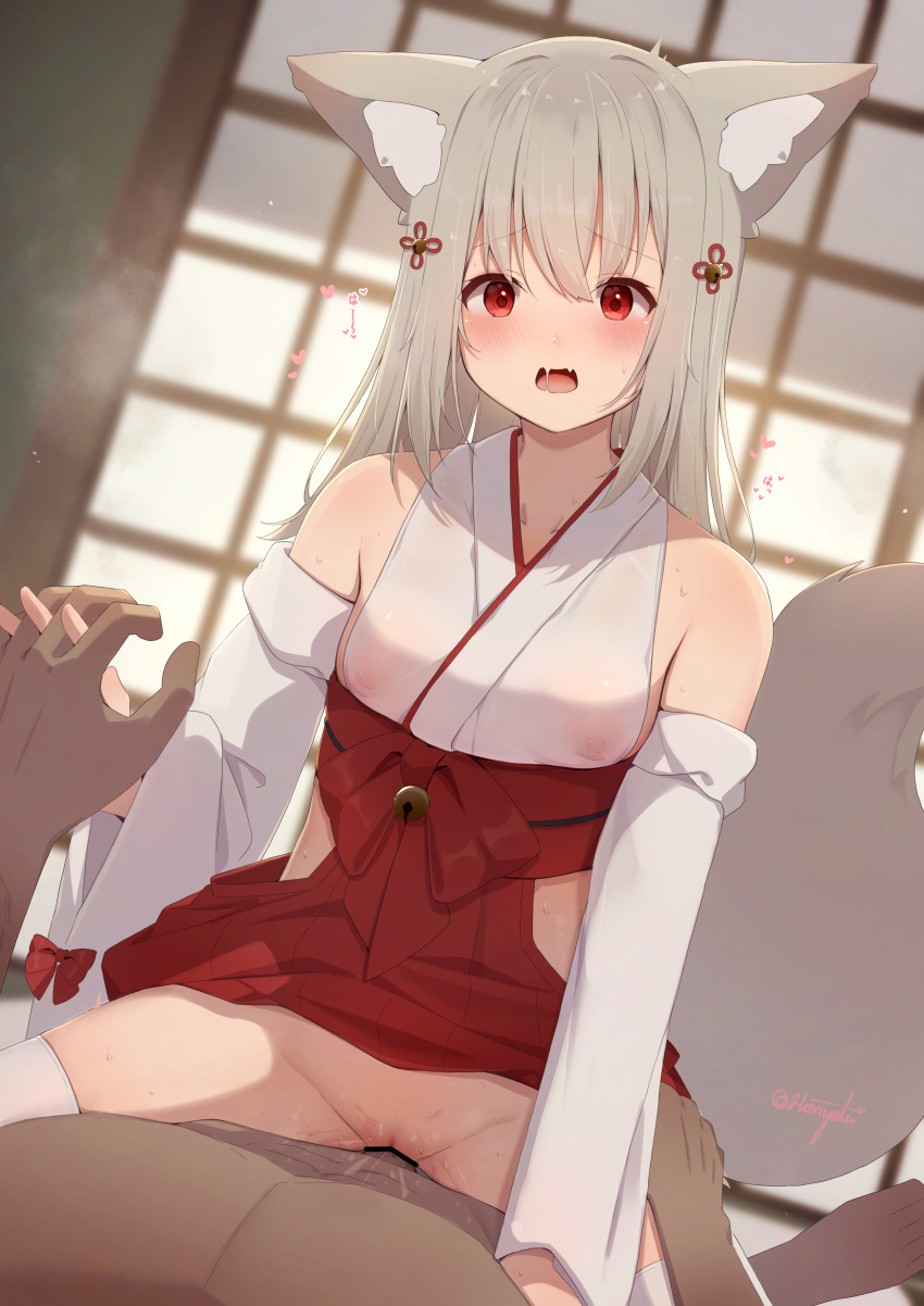 1boy 1girls absurdres animal_ears breasts cowgirl_position detached_sleeves female fox_ears fox_girl fox_tail grey_hair hakama highres hinata_(user_rjkt4745) indoors interlocked_fingers japanese_clothes male male/female miko open_mouth original pov red_eyes red_hakama saliva small_breasts solo_focus straddling tail twitter_username vaginal_penetration vaginal_sex white_sleeves