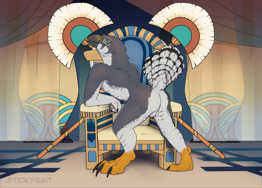 anthro ass avian backsack balls beak biped bird blue_eyes chair claws deity digitigrade egyptian egyptian_mythology falcon falconid feathered_tail feathers feet furniture genitals grey_body hi_res horus male male_anthro middle_eastern_mythology mythology nude perineum solo solo_anthro stickybait tail throne white_body