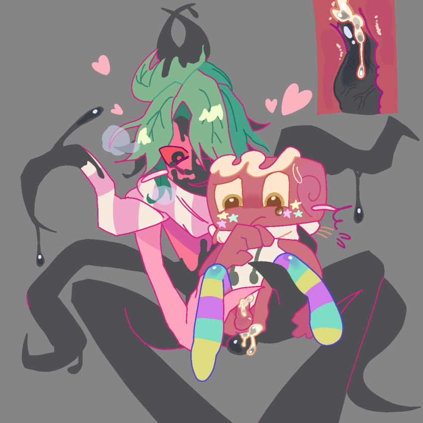 2boys black_body blush brown_body cosmo_(dandy's_world) cum dandy's_world gay gay_sex leaf_hair long_socks panic roblox sprout_(dandy's_world) strawberry tentacle