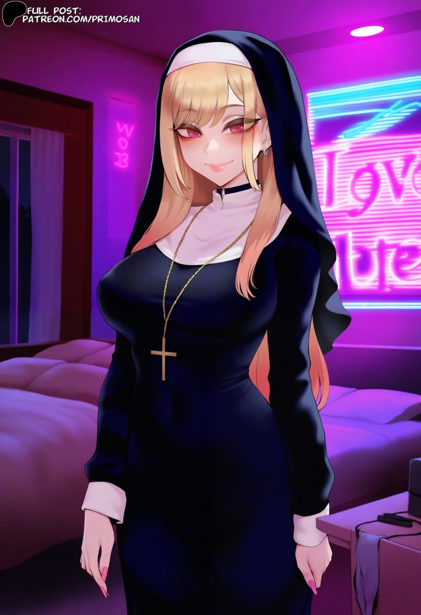 ai_generated bedroom black_dress blonde_hair cross cross_necklace earrings jewelry kitagawa_marin large_breasts lips long_hair looking_at_viewer nail_polish neon_lights night nun nun_outfit pink_eyes primosan robe smile sono_bisque_doll_wa_koi_wo_suru standing traditional_nun