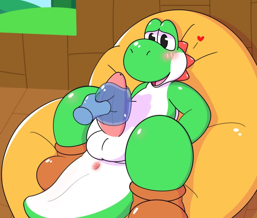 2d anthro anus aroused balls bean_bag blush boots clothing digital_drawing_(artwork) digital_media_(artwork) dinosaur disembodied_hand footwear genitals green_yoshi heart_symbol hi_res hill looking_at_genitalia looking_at_penis looking_pleasured lying male mario_bros nintendo nude on_back open_mouth penetrable_sex_toy penetration penile penis penis_milking prehistoric_species reptile scalie sex_toy shaded shaded_line_art shoes sky solo spikes sugar_but_nsfw tapering_penis uncensored yoshi