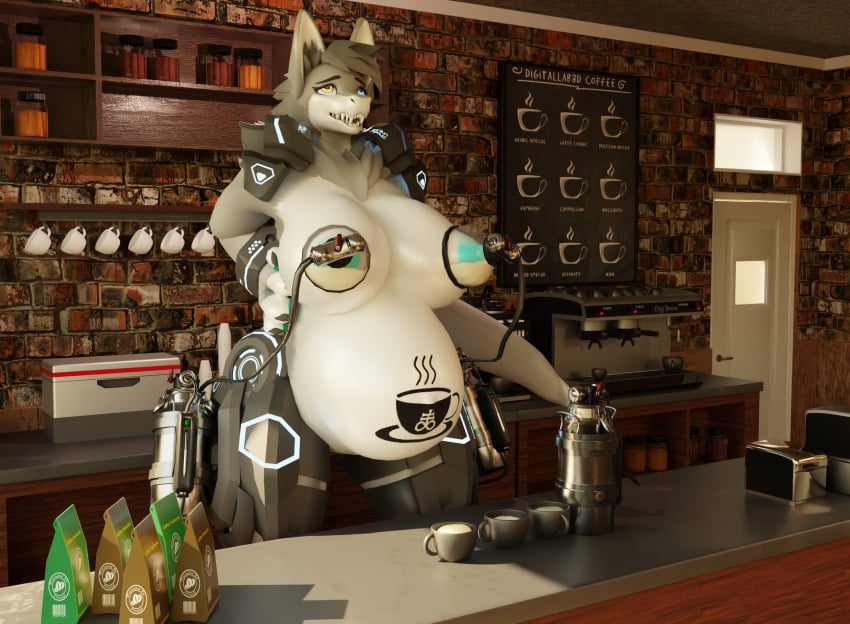 3d_(artwork) anthro belly_tattoo blender_cycles bodily_fluids breast_milking cafe digital_media_(artwork) female haolde hi_res lactating machine mamagen milk_tank milking_machine pregnant pregnant_female solo tattoo