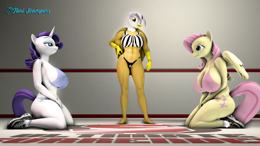 3d 3d_(artwork) anthro anthrofied big_breasts blue_eyes bra breasts brown_body cutie_mark equine eyeshadow female female_only fluttershy_(mlp) friendship_is_magic furry gilda_(mlp) gryphon hasbro horn my_little_pony navel panties pegasus pink_hair purple_hair rarity_(mlp) shoes smile source_filmmaker source_filmmaker_(artwork) standing tail toniscampers underwear unicorn white_body yellow_body yellow_eyes