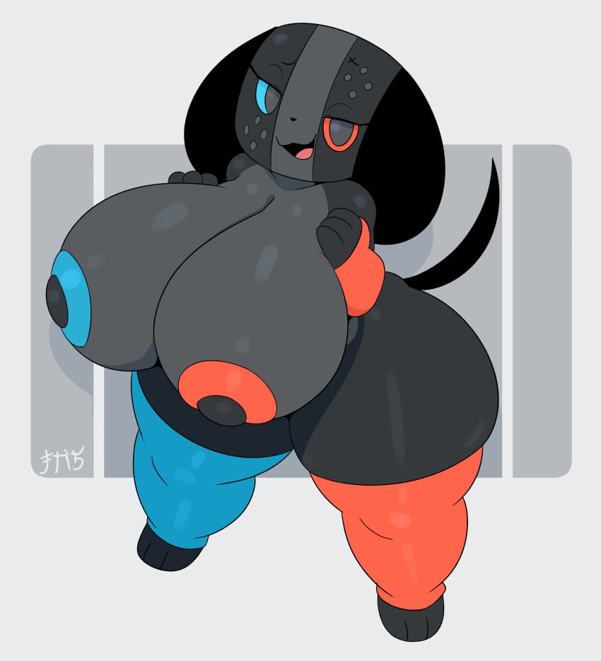 absurd_res anthro big_breasts biped black_body blue_sclera breasts canid canine chapsan clothed clothing female hi_res huge_breasts legwear looking_at_viewer mammal nintendo nintendo_switch nintendo_switch_2 open_mouth paws pupils red_sclera solo standing switch_dog thick_thighs thigh_highs three-quarter_view twosy