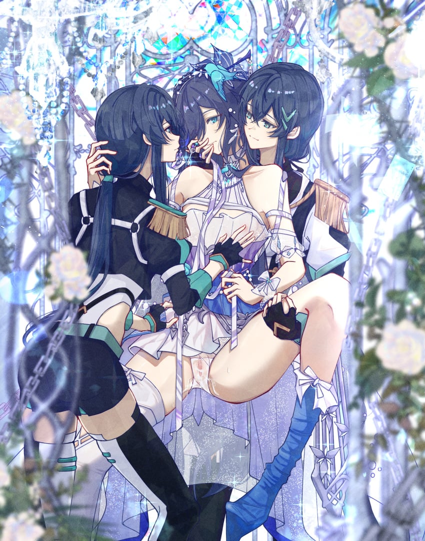 3girls absurdres bare_shoulders bird_hair_ornament black_gloves black_jacket black_shorts black_thighhighs blue_dress blue_eyes blue_footwear chains cheng_lixue chinese_commentary clothing_cutout commentary dress dual_persona epaulettes fingerless_gloves fu_hua fu_hua_(azure_empyrea) fu_hua_(cerulean_court) girl_sandwich gloves grey_hair hair_ornament hair_over_one_eye halter_dress halterneck hand_on_another's_face highres honkai_(series) honkai_impact_3rd jacket leg_lift long_hair low_ponytail mimkmo multiple_girls ponytail pussy pussy_juice sandwiched shorts side_cutout thighhighs very_long_hair white_dress yuri