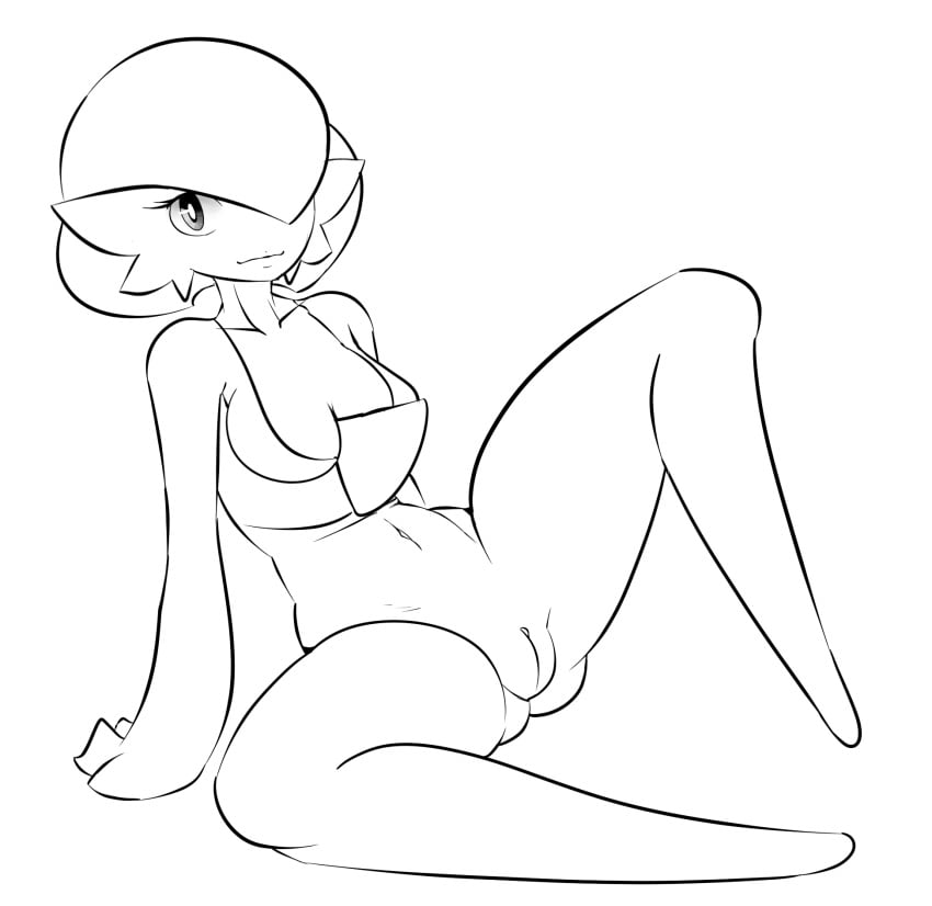 2017 ass black_and_white breasts butt_from_the_front chest_spike female gardevoir generation_3_pokemon genitals hi_res humanoid looking_at_viewer marbearis monochrome navel nintendo pokemon pokemon_(species) pussy raised_leg solo spikes spikes_(anatomy)