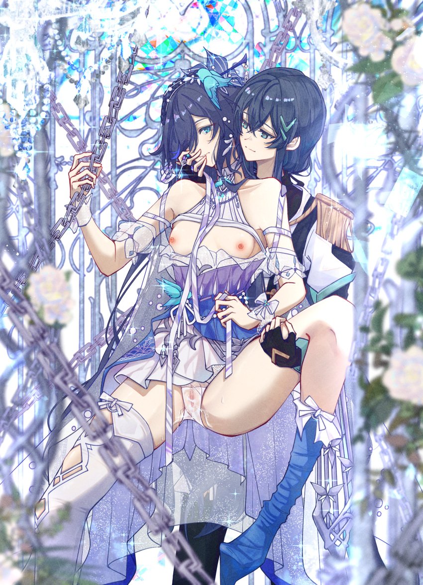 2girls absurdres bare_shoulders bird_hair_ornament black_gloves black_jacket black_shorts black_thighhighs blue_dress blue_eyes blue_footwear breasts chains cheng_lixue chinese_commentary clothes_down clothing_cutout commentary dress epaulettes fingerless_gloves fu_hua fu_hua_(azure_empyrea) fu_hua_(cerulean_court) gloves grey_hair hair_ornament hair_over_one_eye halter_dress halterneck hand_on_another's_face highres honkai_(series) honkai_impact_3rd jacket leg_lift long_hair low_ponytail mimkmo multiple_girls nipples ponytail pussy pussy_juice shorts side_cutout thighhighs very_long_hair white_dress yuri