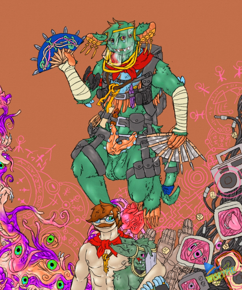 2_penises abs arm_around_partner arm_around_shoulders armor armwear backpack ball_tuft balls bandage blue_body blue_fur boombox brown_hair chest_tuft choker clothing crystal digital_drawing_(artwork) digital_media_(artwork) diphallia diphallism ear_piercing ear_ring electronics erection eyewear facial_hair fans flesh flesh_wall floating fur fusion genitals glasses green_body green_eyes green_fur group gun hair headgear headwear heart_(organ) hi_res holding_object holding_weapon human humanoid jewelry kerchief key leshy_o_farral looking_at_another looking_at_viewer magic magic_user male mammal markings military_gear moustache multi_eye multi_genitalia multi_penis necklace nipples nude orange_body orange_penis organs penis piercing pink_eyes pink_sclera pupils puppet ranged_weapon ring_piercing rudolph_gardiner speaker straps tan_body tapering_penis teeth television tentacle trio tuft unconvincing_armor unknown_species unusual_anatomy unusual_genitalia unusual_penis unusual_pupils veil weapon wire wispypie