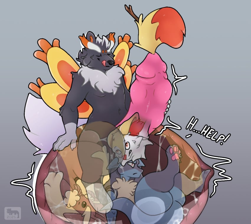 anthro balls big_balls big_penis blue_body bodily_fluids braixen brown_body bulge canid canine cock_vore cum fox generation_4_pokemon generation_5_pokemon generation_6_pokemon genital_fluids genitals grey_body group huge_balls huge_cock hyper hyper_balls hyper_genitalia hyper_penis lagomorph leporid lopunny lucario male mammal martovskii nintendo noises paws penile penis pokemon pokemon_(species) rabbit tail thick_thighs vore wings yellow_body zorua