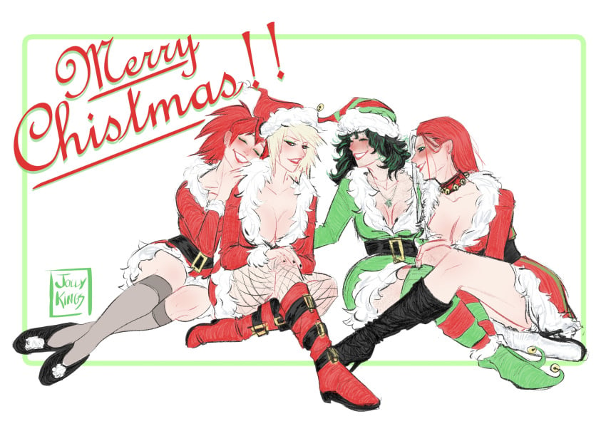 4girls boots christmas christmas_outfit cleavage eijirou_kirishima female female_bakugou female_deku female_eijirou female_focus female_only female_todoroki genderswap_(mtf) izuku_midoriya jolly_kings katsuki_bakugou my_hero_academia red_hair rule_63 santa_dress santa_hat short_skirt shouto_todoroki