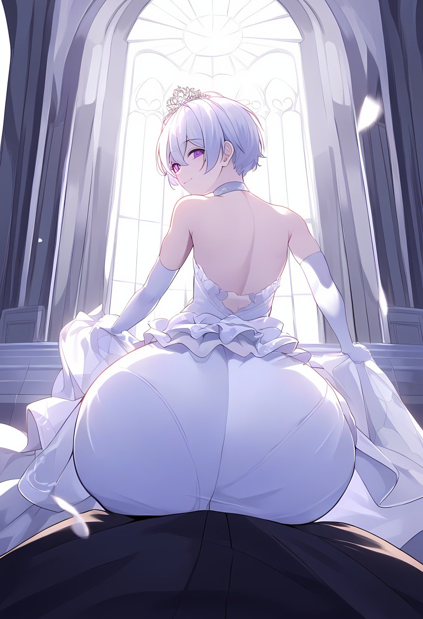 1boy ai_generated ass ass_focus ass_on_crotch church church_interior femboy girly girly_boy jonnyjonn male massive_ass pale_skin pov pov_eye_contact purple_eyes smile smiling_at_viewer thanatos_(jonnyjonn) tiara wedding wedding_dress white_hair