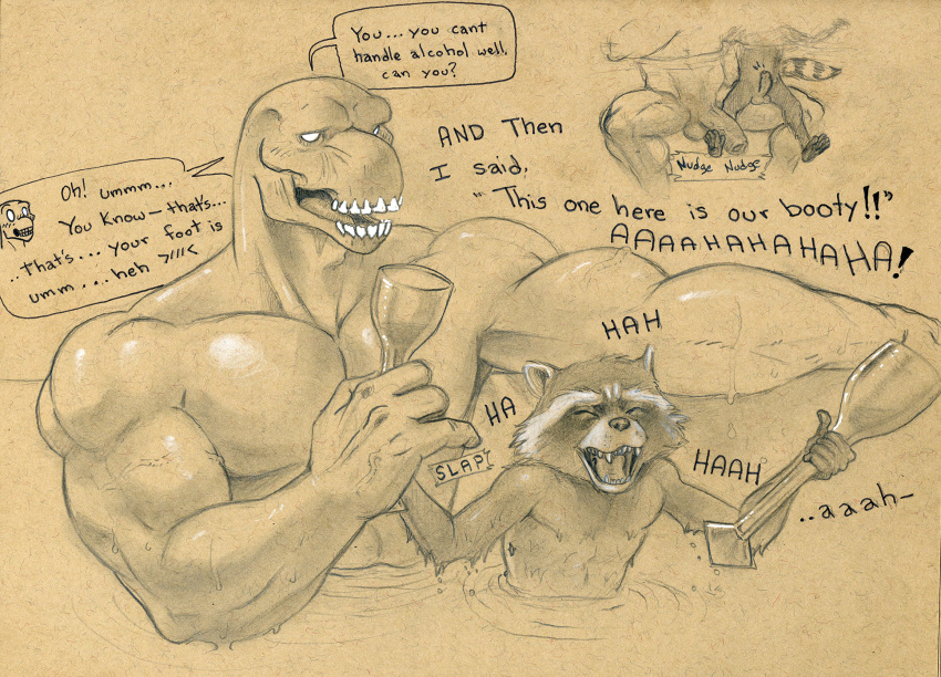 anthro balls beta-ray_bill duo erection guardians_of_the_galaxy male male_only mammal marvel penis procyonid raccoon rocket_raccoon thor_(series) tush water yaoi