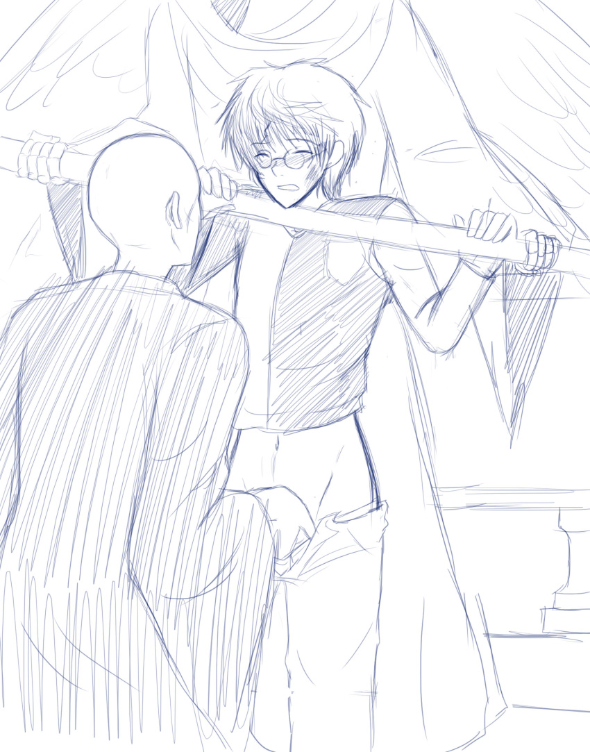 harry_james_potter harry_potter male monochrome multiple_males restrained rough_sketch tagme voldemort yaoi