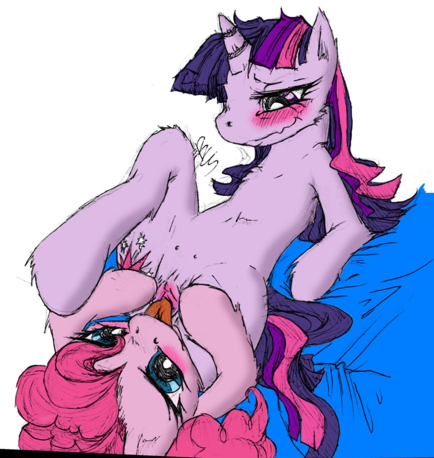 bcs blush feral friendship_is_magic my_little_pony oral pinkie_pie_(mlp) twilight_sparkle_(mlp) white_background yuri